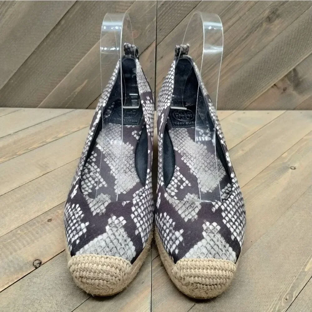Tory Burch Heather Animal Print Espadrilles Women's Size 7‎ Grey Black Tan Shoes